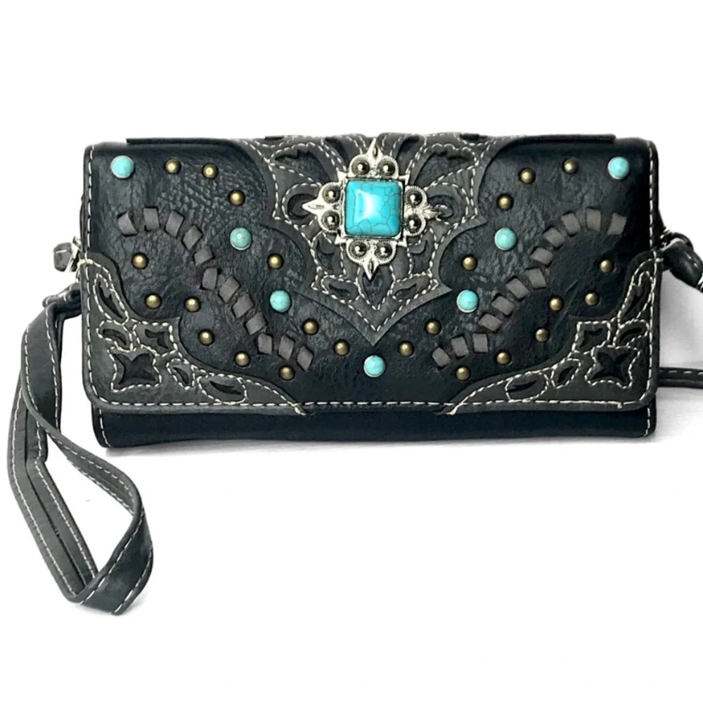 New Hand Tooled Faux Vegan Peta Approved Leather Turquoise Stone Clutch Bag - Picture 3 of 6